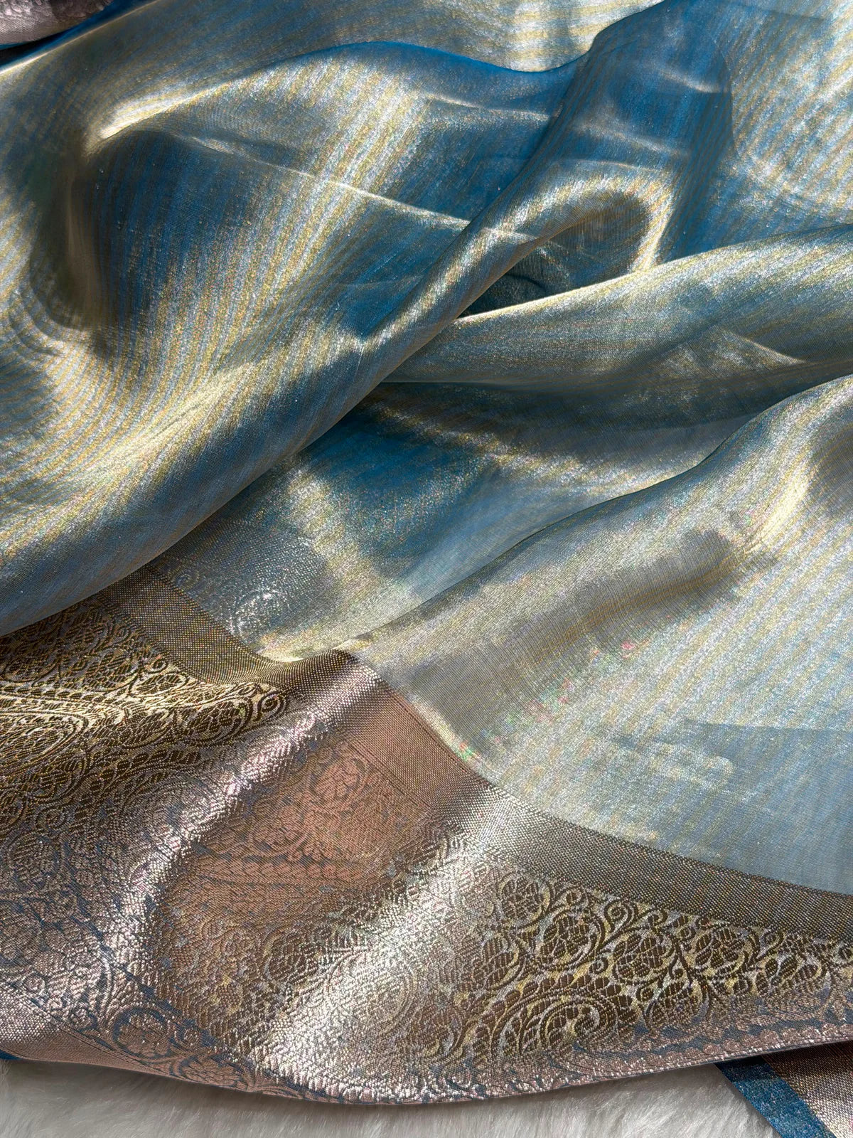 Banarasi Pastel Blue Shades Strip Pure Tissue Silk Saree