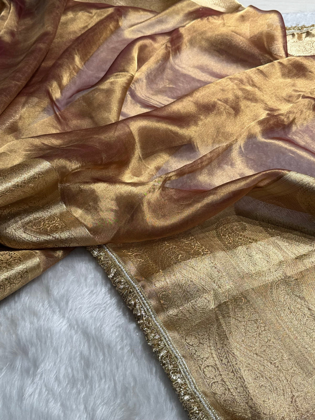 Dark Cheek Tissue With Bananasi Gotta Patti Work Floral Pure Tissue Silk Saree