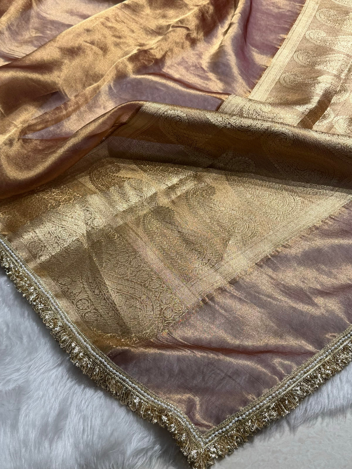 Dark Cheek Tissue With Bananasi Gotta Patti Work Floral Pure Tissue Silk Saree