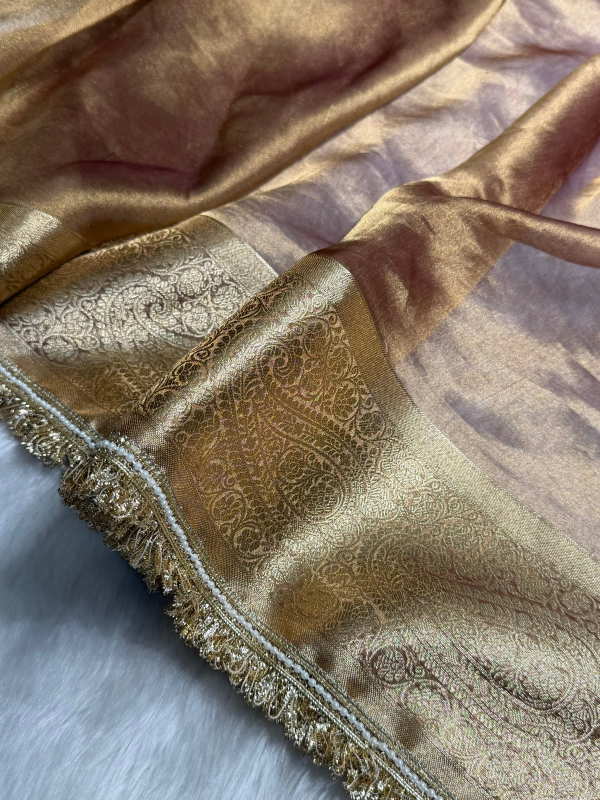 Dark Cheek Tissue With Bananasi Gotta Patti Work Floral Pure Tissue Silk Saree