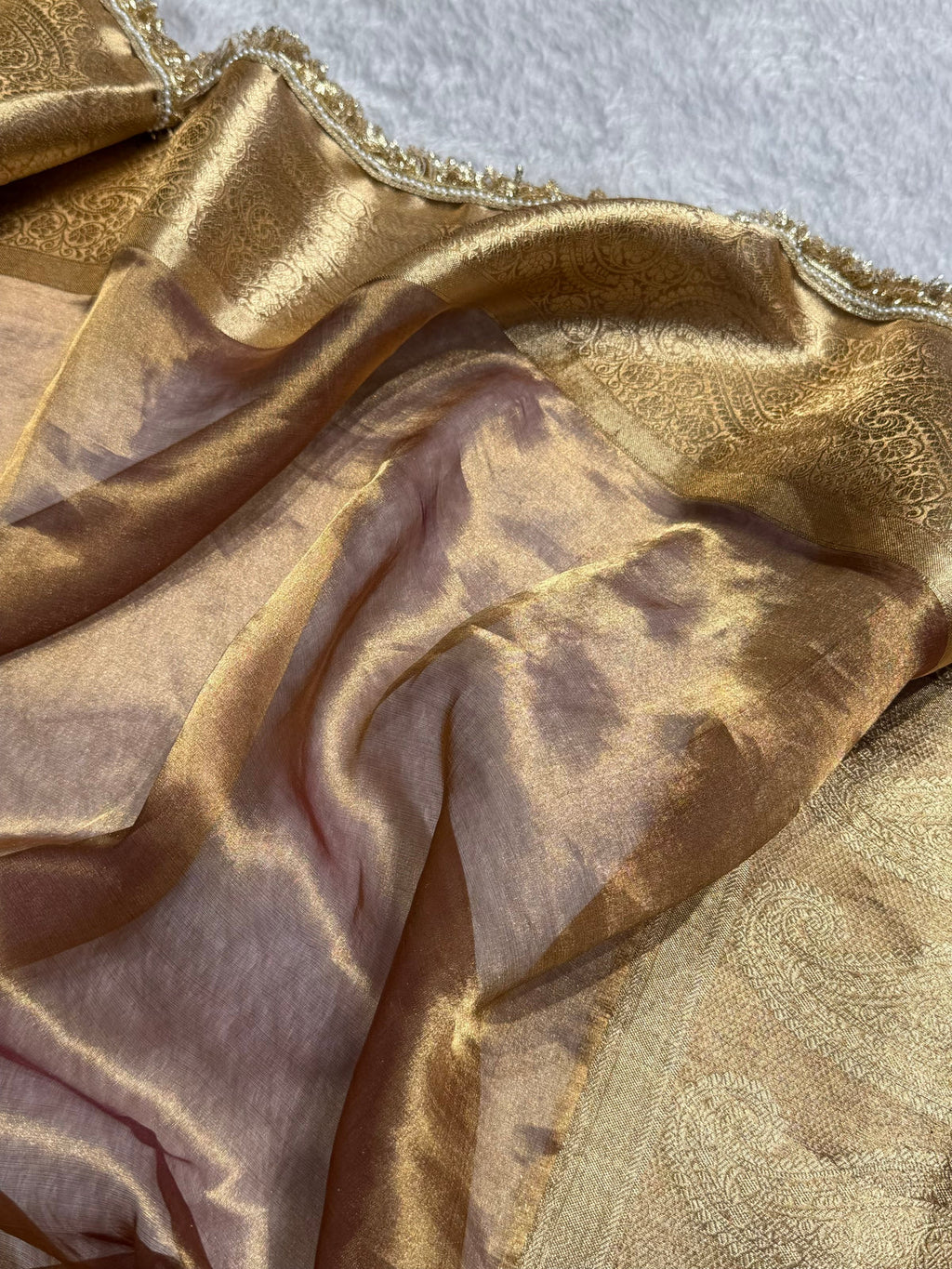 Dark Cheek Tissue With Bananasi Gotta Patti Work Floral Pure Tissue Silk Saree