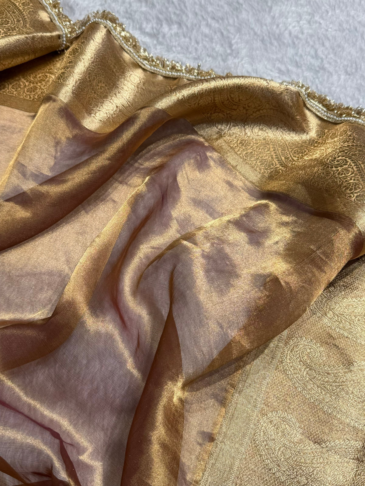 Dark Cheek Tissue With Bananasi Gotta Patti Work Floral Pure Tissue Silk Saree