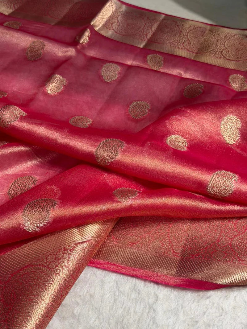 Pastel Pink Floral Shades Pure Tissue Kora Silk Saree