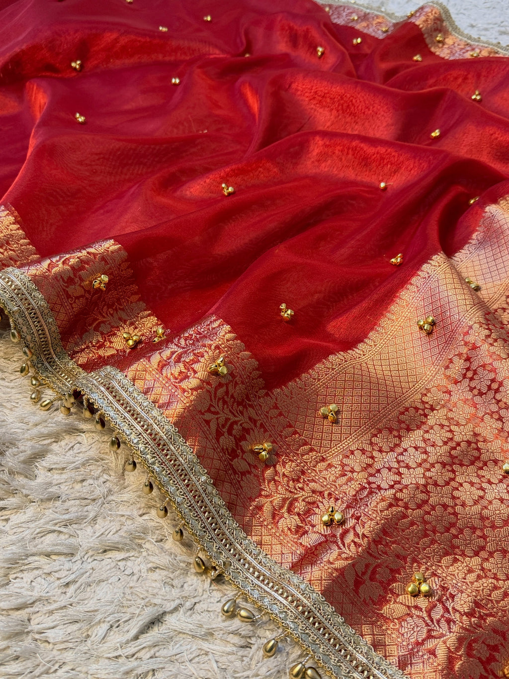 Red Tissue Silk Saree With Golden Ghungroo Butti Work & Luxury Lace Work Border