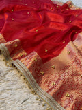 Red Tissue Silk Saree With Golden Ghungroo Butti Work & Luxury Lace Work Border