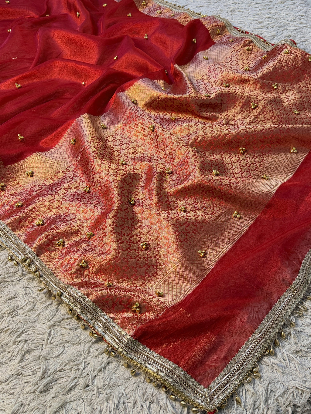 Red Tissue Silk Saree With Golden Ghungroo Butti Work & Luxury Lace Work Border