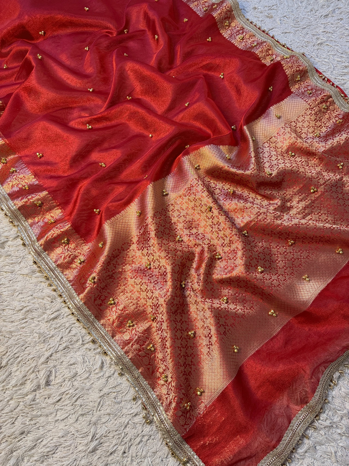 Red Tissue Silk Saree With Golden Ghungroo Butti Work & Luxury Lace Work Border